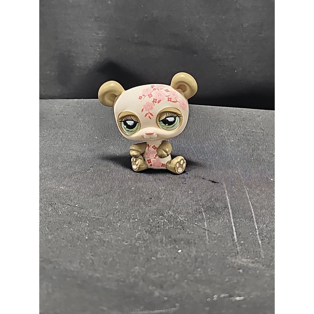 Littlest Pet Shop Bear Figure White Green Pink Floral, Rare Collectible